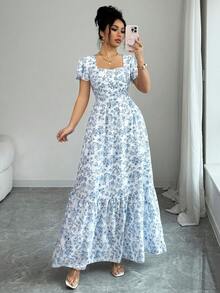 SHEIN Elenzya 女士甜心领A字碎花短袖娃娃裙 - 彩色 - 查看 5