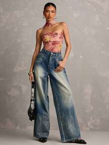 SHEIN BAE Elegant Floral Print Halter Neck Backless Bodysuit, Spring/Summer - Pink - View 5