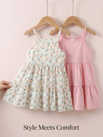 SHEIN 2pcs/Set Baby Girls' Versatile Solid Pink Dress & Yellow Ditsy Floral Dress, Soft & Comfortable, Summer