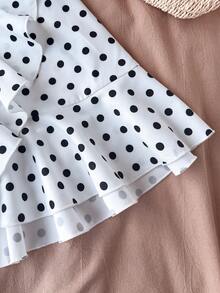 SHEIN 少女波点无袖休闲荷叶边短款飘逸A字度假连衣裙，夏季服装，沙滩装，假日装，太阳裙，波西米亚风，海滩度假装扮 - 白色 - 查看 4