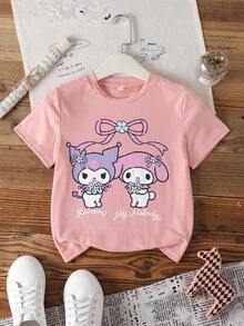 HELLO KITTY AND FRIENDS | SHEIN 少女休闲简约短袖T恤，适合夏季穿着 - 粉色 - 查看 4