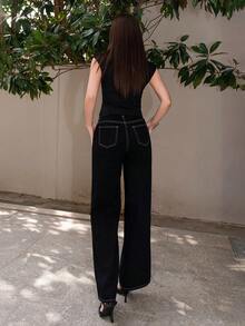 Bris Aura 女士时尚休闲不对称腰带宽松牛仔裤 - 黑色 - 查看 3