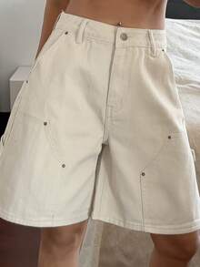 Livesso Quần short denim nữ kiểu dáng thường ngày với túi lớn (Jorts) - Màu Khaki - Xem 5