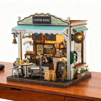 DIY Miniature House/Coffee Shop Handmade Assembly Toy, NFC Wooden Cabin Kit Toy Ornament, Architectural Model House Ornament, Suitable For Birthday Gifts And Holiday Gifts.