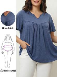 Enliva Plus Size Women Summer Solid Color Notched V-Neck Short Sleeve Casual T-Shirt - Dusty Blue - View 1