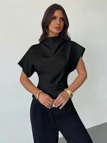 Firerie 女士100%纯棉黑色褶皱领不对称袖侧褶收腰衬衫 - 四季皆宜，适合春夏工作、派对、晚宴、约会、鸡尾酒会、正式场合及下午茶等场合。 - 彩色 - 查看 7