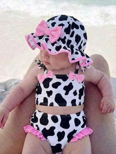 SHEIN Newborn Baby Cow Print Swimsuit, Cute Toddler Girl Spaghetti Strap Bikini With Bow, Suitable For Beach Western Baby Swimsuits Baby Girl Clothes Cow Print Cow Print Baby Swimsuit Baby Girl Swim Suit With Hat