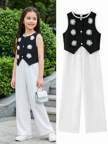 2pcs/Set Tween Girls Organza Floral Decor Black Tank Top And Contrast Button Accent White Wide Leg Pants,Black And White Summer Tea Party Jumpsuit - Black and White - View 3