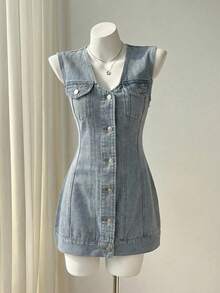 Elamini Đầm denim nữ mùa hè kiểu dáng thường ngày, cài cúc phía trước, không tay. - Rửa nhẹ - Xem 1