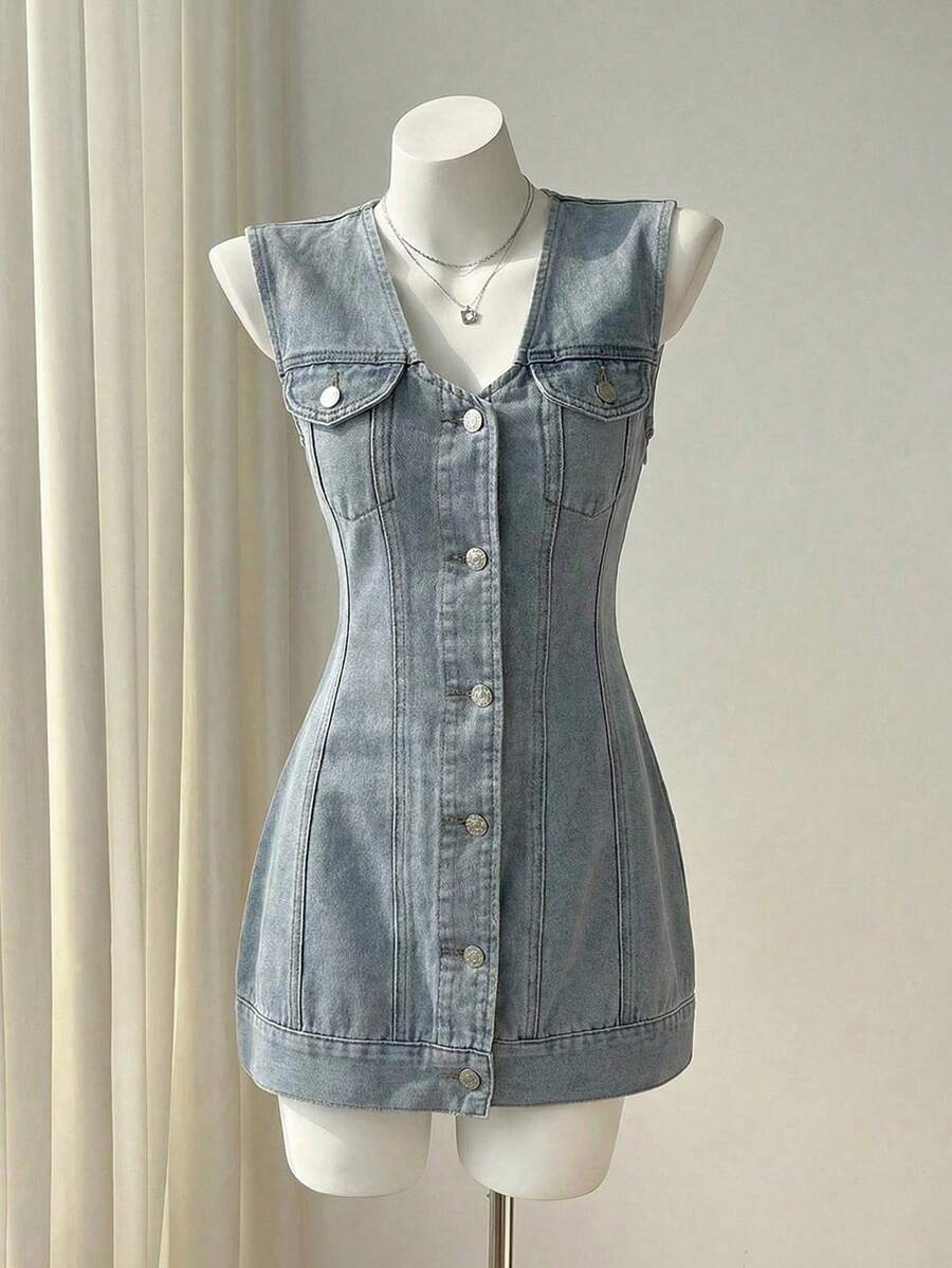 Elamini Đầm denim nữ mùa hè kiểu dáng thường ngày, cài cúc phía trước, không tay. - Rửa nhẹ - Xem 1