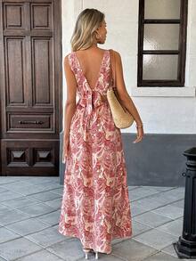 Pariaura 复古佩斯利印花无袖长裙/收腰剪裁+全身花卉印花设计/优雅复古/度假风/法式浪漫/露背/蝴蝶结/性感连衣裙 - 紅色 - 查看 2