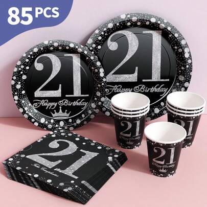 Black Background 21st Starry Party Disposable Plates, Napkins And Cups Set, Serves 20 Guests. This Disposable Party Set (Including Plates, Napkins And Cups) Is Perfect For Birthday Parties, Weddings And Family Picnics.