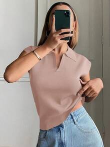 DAZY 女士纯色修身 Polo 领优雅正式春秋针织上衣 - 粉色 - 查看 4