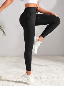 Easithlete Women's Drawstring Waist Gym Hiking Legging Fitted Jogger With Pockets And Tapered Cuffs  For Running Cycling Yoga Pickleball Exercise Workout Daily Wear - Black - View 6