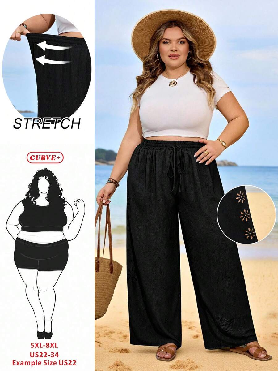 SHEIN CURVE+ Calça Casual Sólida Oca para Mulheres Tamanho Curvilíneo EUA22, Férias na Praia, Boêmia, Primavera e Verão, Preta Casual Preta