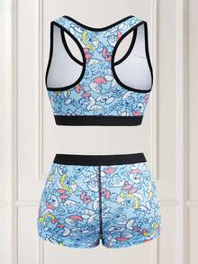 SHEIN X The Smurfs Bộ đồ lót nữ in họa tiết toàn thân, viền tương phản, gồm áo ngực và quần short, thích hợp mặc hàng ngày. - Màu xanh lam - Xem 2
