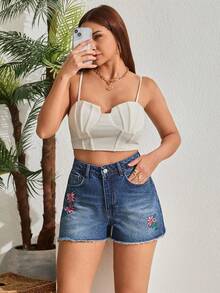SHEIN Women High-Rise Flower Embroidered Frayed Hem Washed Detail Denim Short - Blue - View 3
