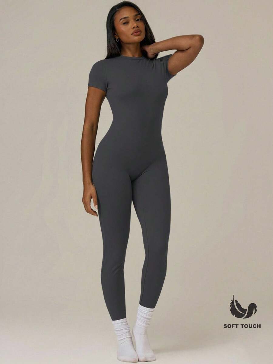 MUSERA ESSENTIALS Bộ jumpsuit ôm sát tay ngắn mềm mại, kiểu dáng cơ bản, dễ thương, thường ngày, thích hợp cho mùa xuân hè, đi nghỉ lễ, đi xem hòa nhạc và mặc hàng ngày. - Màu xám đen - Xem 1