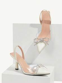 CUCCOO CHICEST Woman Shoes Fashionable Beige Rhinestone Decor Stiletto Heel Pointed Toe Bow High Heels Shoes For Summer Graduation Heels Prom Heels Vacation Shoes Summer Elegant Heels Summer Shoes Summer Break Easter For Christmas Valentine's Day Elegant Shoes Wedding Shoes Summer Shoes Bride Shoes - Beige - View 4