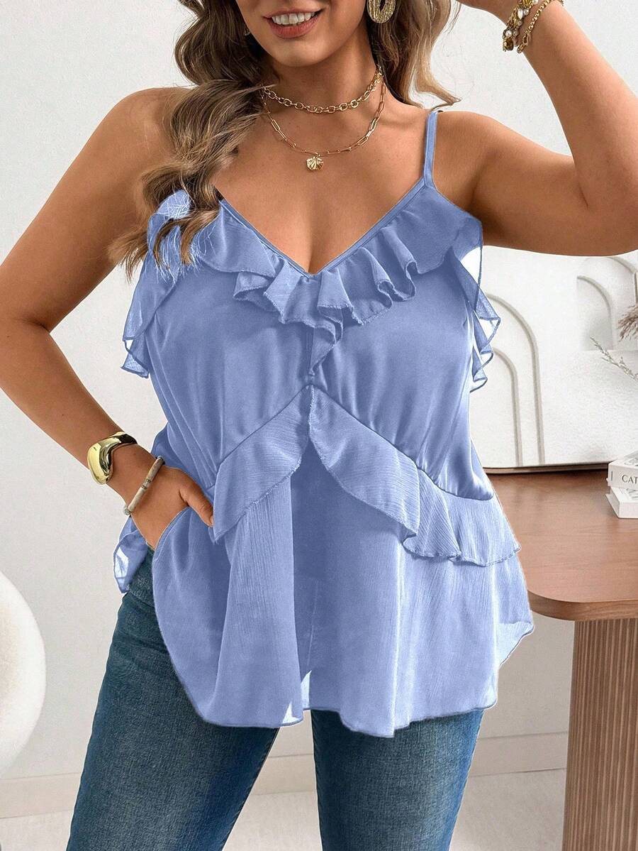 Ceyna Plus Size Women Solid Color Ruffle Trim Summer Casual Camisole Tank Top - Blue - View 1