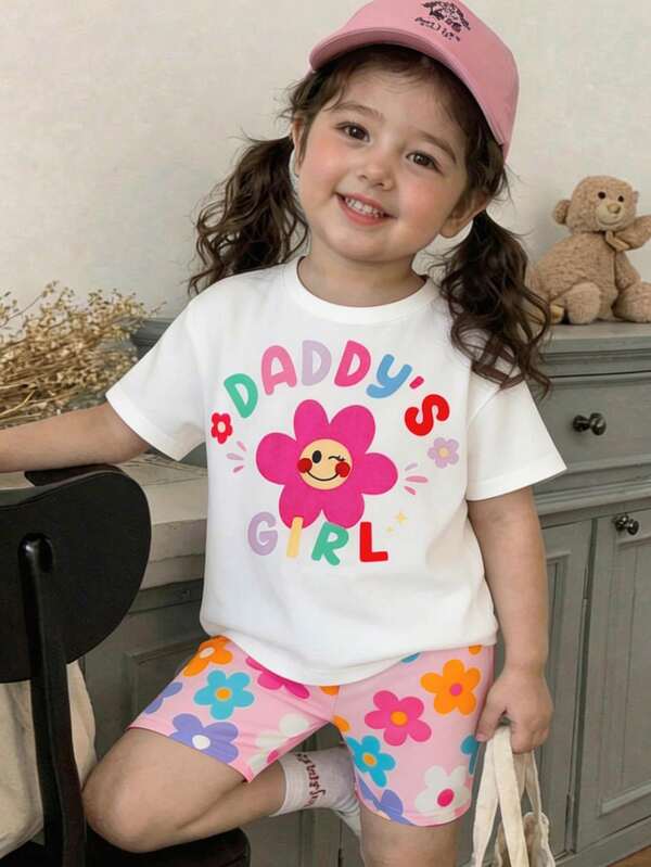 SHEIN Babygirl Cute Casual Knit Colorful Floral Print Short Sleeve T-Shirt And Shorts Set