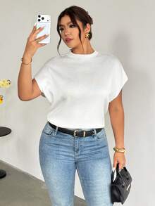 Firerie Plus Size Women Solid Color Batwing Short Sleeve Casual Knit Top Fall/Winter - White - View 6