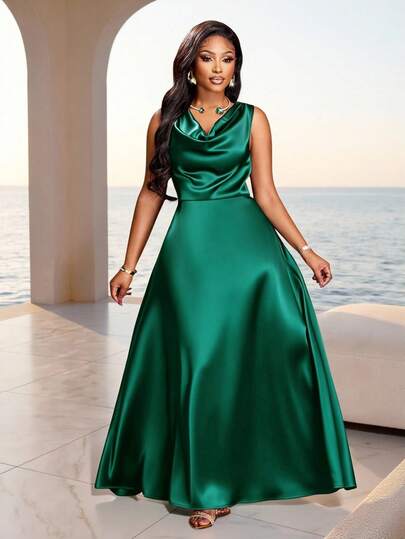 Brilight Elegant Party Dress For Women, Suitable For Important Occasions Such As Birthday Parties, Graduation Season, Afternoon Tea, Thanksgiving, And Wedding Season. Features Include A Draped Neckline, Sleeveless Design, High Waist, A-Line Silhouette, And Extra-Long Length. Made From Satin/Silk-Like Material, Perfect For Summer.