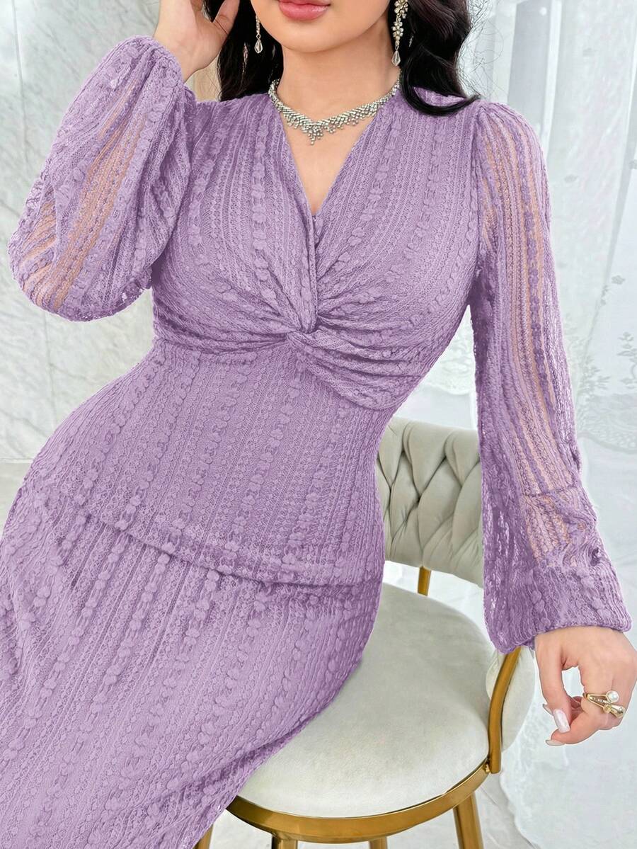 Feyla Damen V-Ausschnitt Twist Design Laternärmel elegantes Kleid - Grauviolett - Übersicht 1