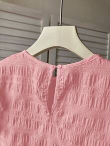 Teen Girls Pink Textured Woven Blouse,Round Neck,Ruched Ruffled Trim Flutter Sleeves,Cute Summer Party Casual French Elegant Back To School Tops - Pink - View 4