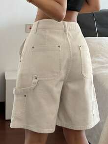 Livesso Quần short denim nữ kiểu dáng thường ngày với túi lớn (Jorts) - Màu Khaki - Xem 2