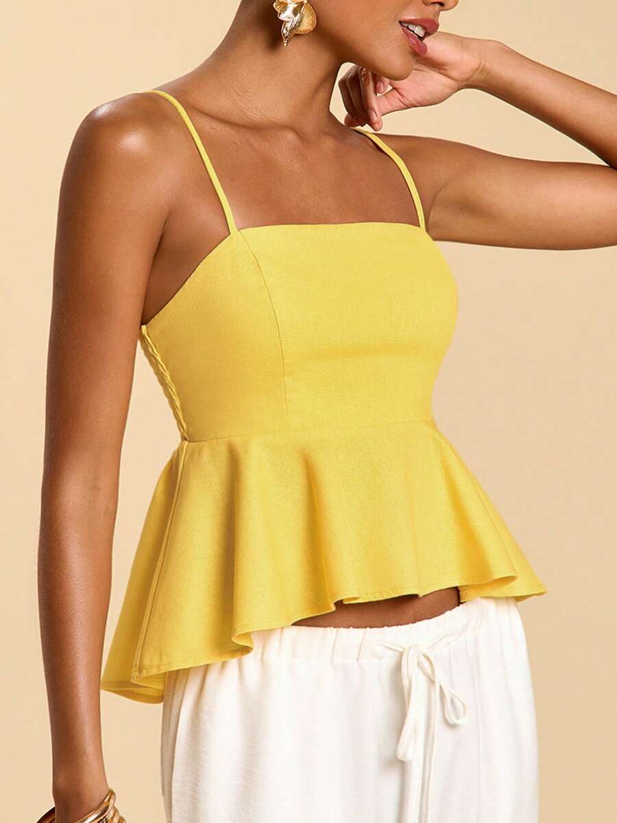 Travachic Women's Elegant Yellow Summer Peplum Hem Cami Top,Minimalist Solid Linen Cami For Tea Party,Vacation Beach Outfits,Boho Holiday,Music Festival Date - Light Yellow - View 1
