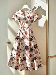 GlowEve CURVE Plus Size Women's Casual Floral Print Solid Scoop Neck Short Sleeve Midi Dress, Suitable For Spring/Summer, Fashionable For Outings - Multicolor - View 1