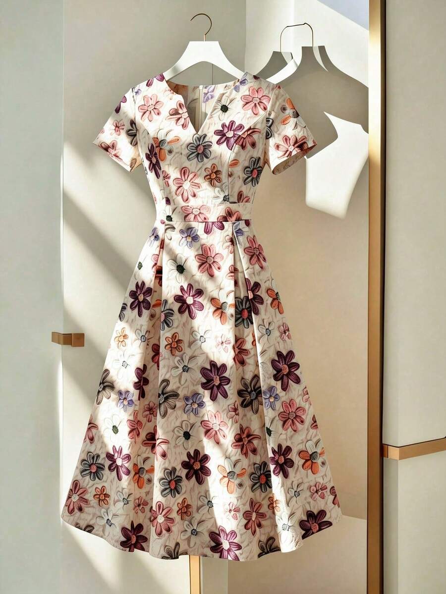 GlowEve CURVE Plus Size Women's Casual Floral Print Solid Scoop Neck Short Sleeve Midi Dress, Suitable For Spring/Summer, Fashionable For Outings - Multicolor - View 1