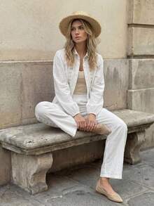 Hansera 2026春夏新款常规款女式两件套长袖上衣和裤子套装 - 白色 - 查看 5