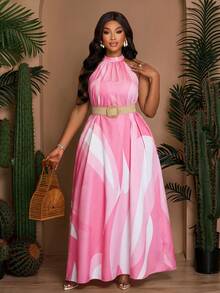 SOLERSUN 大码女装春夏宽松休闲印花无袖露背领口系带抽绳A字连衣裙，夏季连衣裙，沙滩度假长裙（带侧袋） - 粉色 - 查看 7