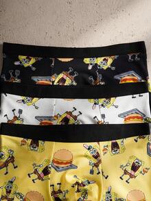SpongeBob SquarePants | SHEIN 男士卡通印花弹力腰带休闲平角内裤 - 黑與白 - 查看 3