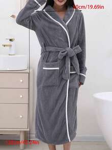 1 buah Jubah Mandi Lembut Kasual untuk Wanita dengan Trim Kontras dan Hem Panjang, Pakaian Santai Musim Panas, Pakaian Rumah Ringan, Dekorasi Kamar Mandi Pernikahan - Light Grey - View 9