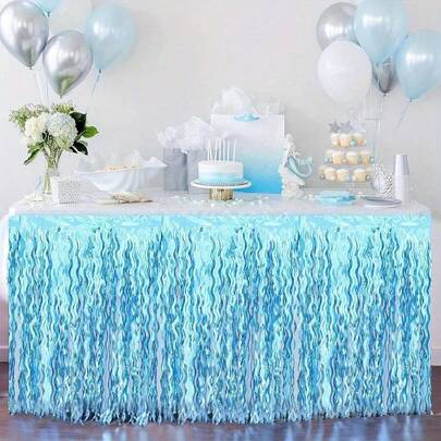 1件闪亮波浪流苏桌布，美人鱼主题生日派对装饰，海底世界主题，鲨鱼主题生日庆典配件