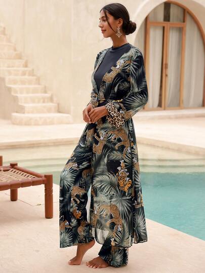 Swim Mulvari 女士新款三件套泳衣罩衫套装，适合春夏穿着，动物纹印花，侧边隧道装饰长袖泳衣，宽松长裤和网纱长裙，保守海滩度假全包臀比基尼套装