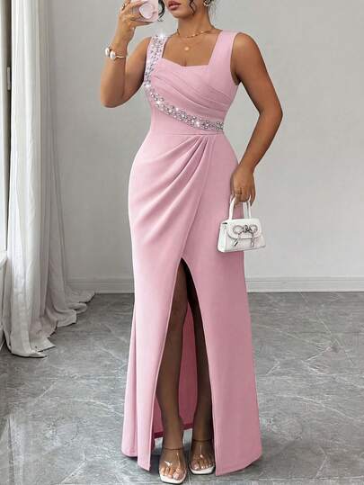 Elenzga Plus Size Sleeveless Square Neck Pearl Decor Waist Fitted Ruffle Slit Elegant Romantic Delicate Ladies Dress, Lightweight Party Cocktail Mermaid Hem Beautiful Dresses For Special Occasions