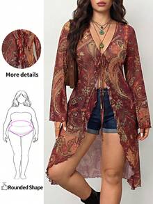 Enliva Blusa de estilo retro bohemio y sexy para vacaciones y festivales de música, de talla grande. Blusa roja con estampado de paisley, lazo delantero y mangas acampanadas de malla transparente en escote en V. Blusa de invierno para siluetas redondeadas y en forma de manzana. - Rojo - Ver 1