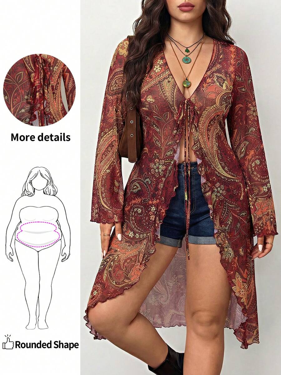 Enliva Blusa de estilo retro bohemio y sexy para vacaciones y festivales de música, de talla grande. Blusa roja con estampado de paisley, lazo delantero y mangas acampanadas de malla transparente en escote en V. Blusa de invierno para siluetas redondeadas y en forma de manzana. - Rojo - Ver 1