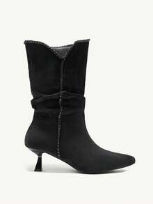 CUCCOO CHICEST Women's Pointed Toe Pleated Fashion Daily Wear Slim Heel Mid-Calf Boots Valentine's Day - Black - View 7