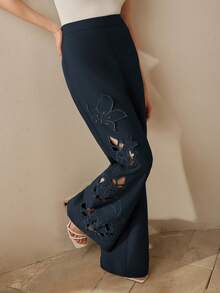 Anewsta Women's Elegant Embroidered Hollow Out Elastic Waist Straight Leg Pants, Suitable For Formal Occasions - Navy Blue - View 5