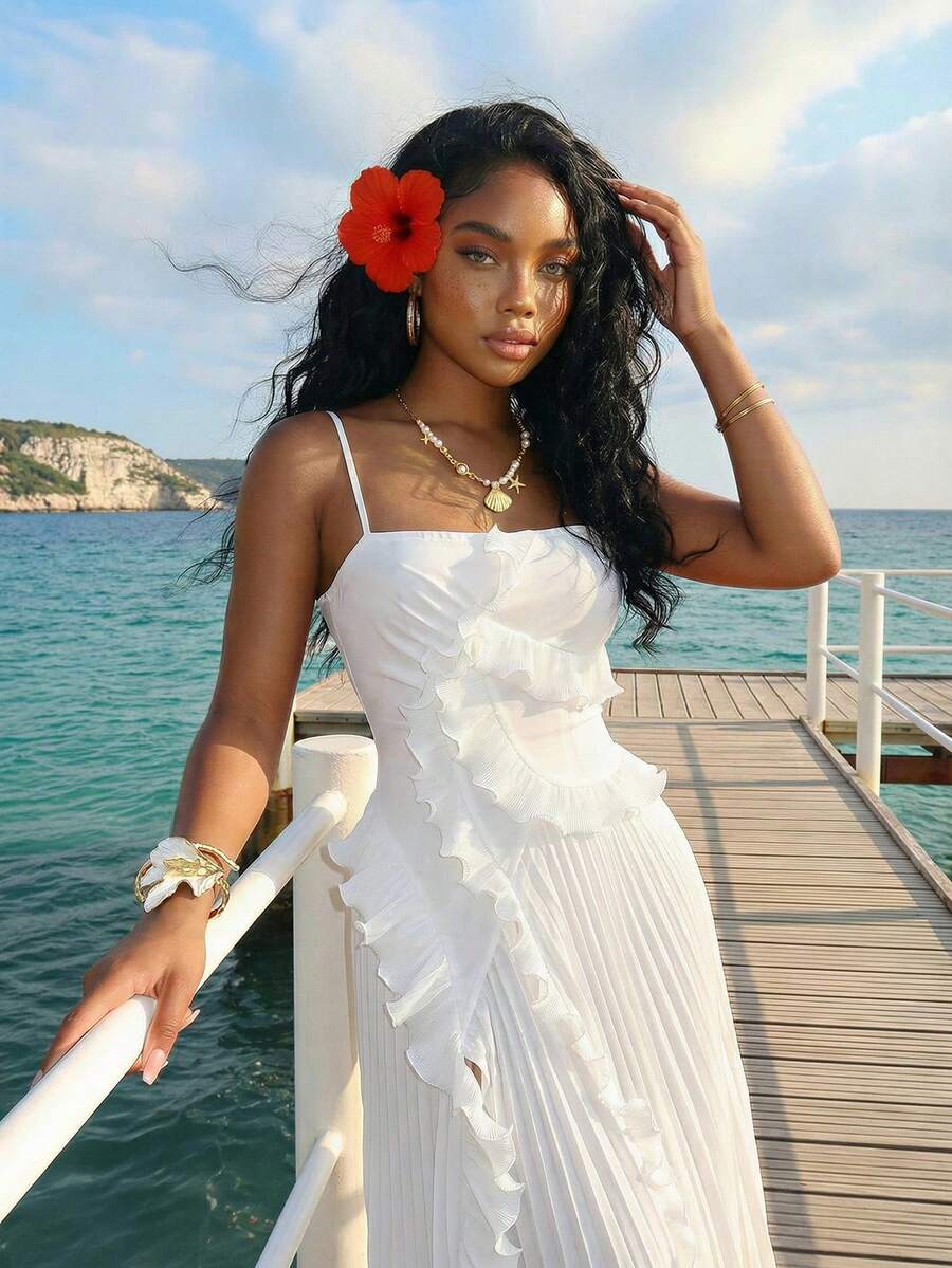 Slaydiva New Early Spring, Spring And Summer Music Festival, Valentine's Day, Easter, Bohemian Style, Nomadic Style, Casual And Simple Basic Style, Cruise Party, Birthday Party, Daily Date, Casual Vacation, Elegant Commuting, Halter, Strapless, Pleated Ruffles, Side High Slit To Thigh Pleated Skirt, White Dress, Long Dress For Women -A - White - View 1