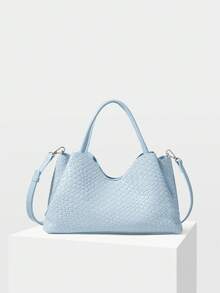 MOTF PREMIUM TAS TOTE WANITA, TAS TANGAN PU TENUN EMBOSSED YANG INDAH, COCOK UNTUK PERJALANAN SEHARI-HARI KE TEMPAT KERJA - Baby Blue - View 3