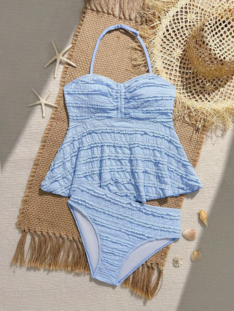 SHEIN 少女坦克比基尼泳衣，纯色可爱提花面料，挂脖荷叶边设计，两件套泳衣，欧美时尚精致休闲优雅女士款，适合游泳、海滩、度假、夏季穿着。浅蓝色少女泳衣，夏季泳装，青少年泳装，连体沙滩装，女士夏季服装，夏季泳装，女士夏季套装，女士夏季沙滩泳装，春夏精选。 - 淺藍色 - 查看 1