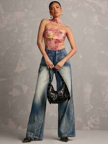 SHEIN BAE Elegant Floral Print Halter Neck Backless Bodysuit, Spring/Summer - Pink - View 3