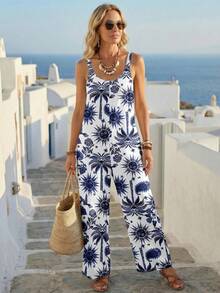 EMERY ROSE Women's Casual Printed Jumpsuit, Versatile Holiday Wear - White - View 2