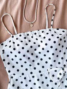 SHEIN 少女波点无袖休闲荷叶边短款飘逸A字度假连衣裙，夏季服装，沙滩装，假日装，太阳裙，波西米亚风，海滩度假装扮 - 白色 - 查看 5